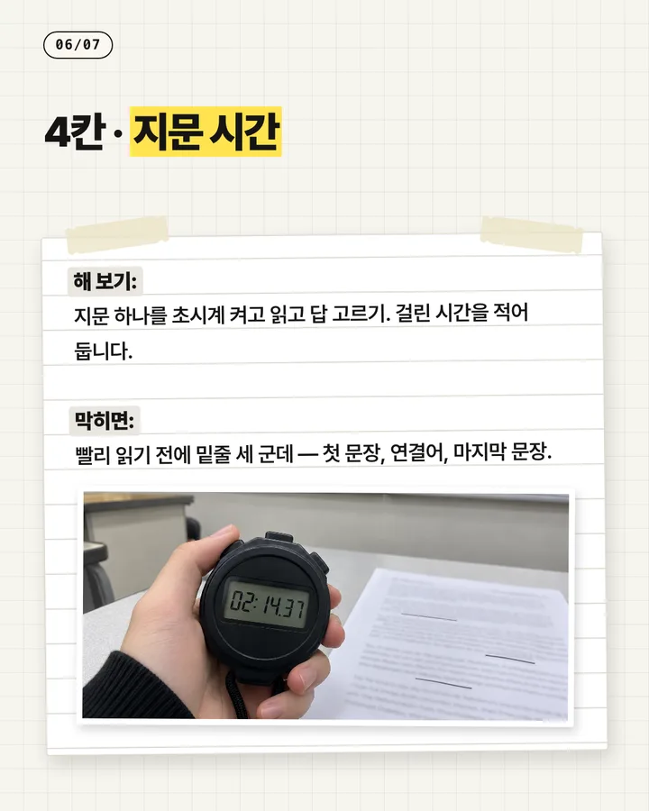 학원 카드뉴스 6장, 지문 시간