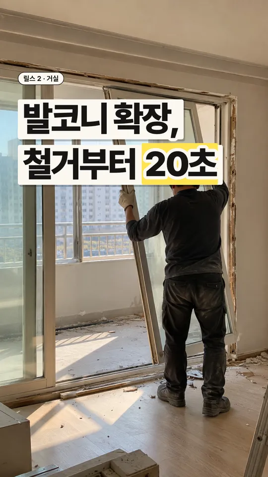 인테리어 릴스 표지, 발코니 확장, 철거부터 20초